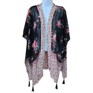 Floral Kimono Cardigan Tassels Lightweight Sheer Black Pink coquette sheer chic